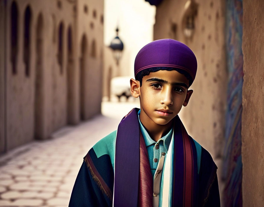 Traditional Purple Hat Boy Stands in Sunlit Alley