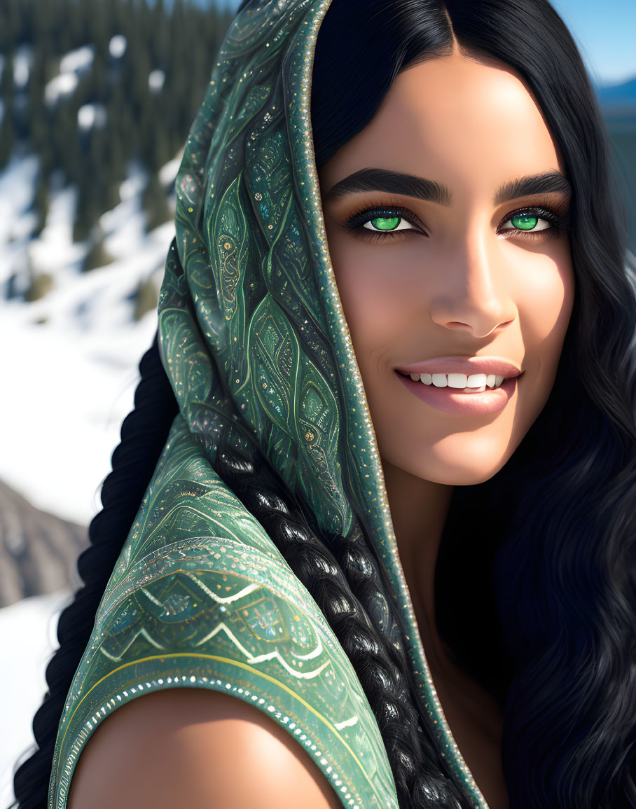 Woman with green eyes and black hair smiling in green headscarf with gold patterns, snowy mountains in