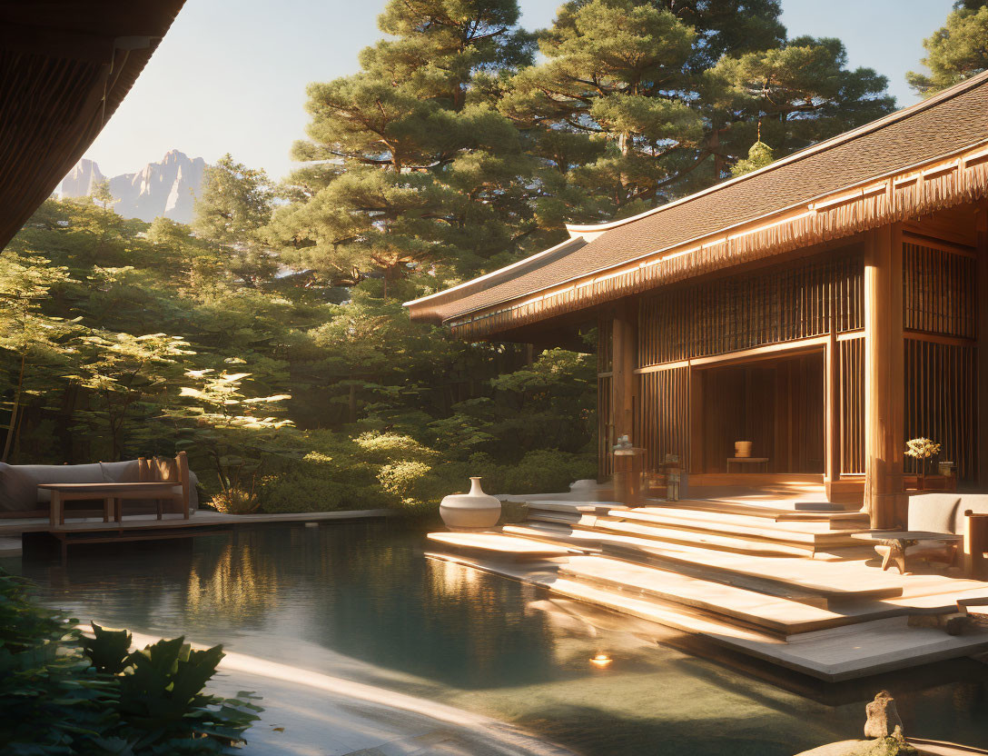 Traditional Japanese House with Wooden Veranda and Reflection Pool