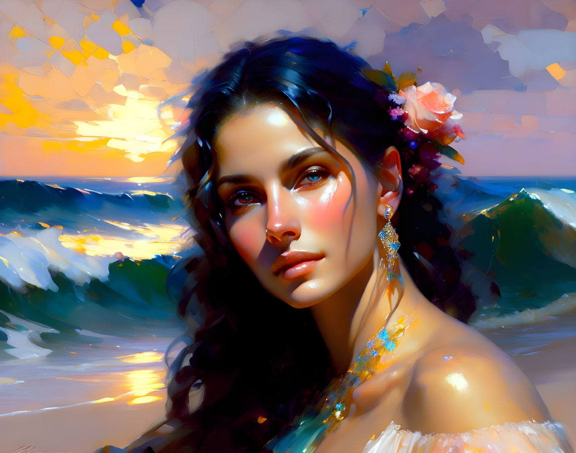 Woman portrait with flowers in hair against beach sunset.