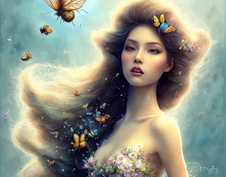 Ethereal woman with butterflies and flowers in serene setting