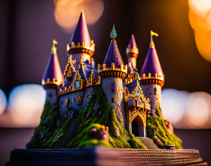 Miniature fairy tale castle on grassy hill with purple towers