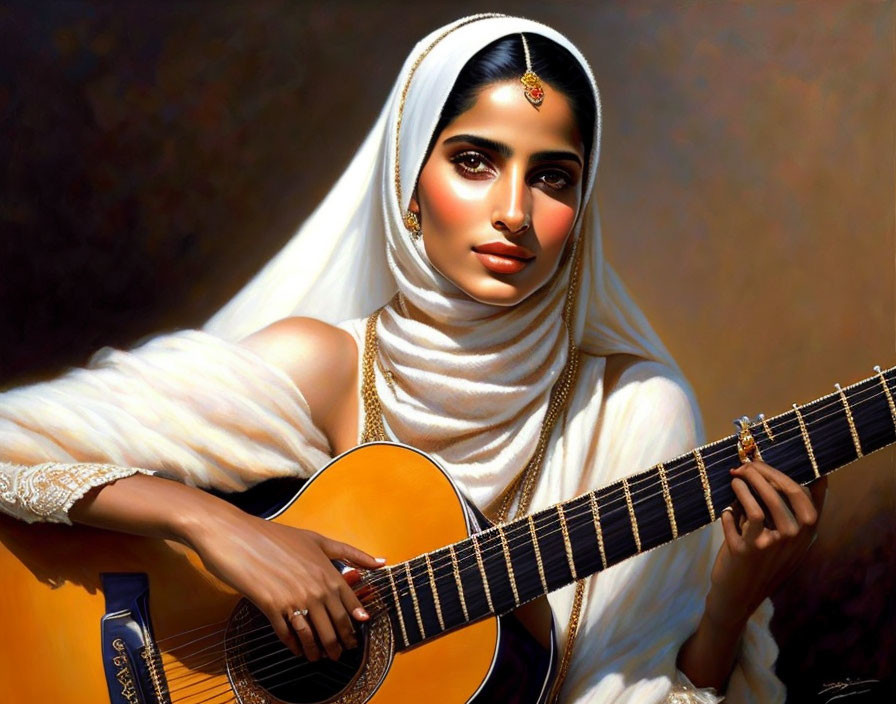 Woman in white outfit with headscarf holding guitar and gold jewelry.