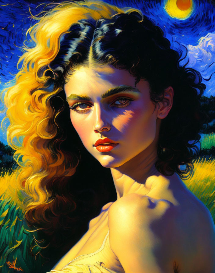 Portrait of woman with curly blonde hair and green eyes against blue sky and yellow field