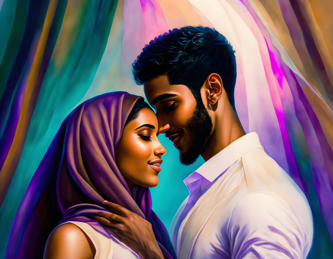 Illustration of couple: woman in hijab and man in white shirt, embracing against colorful background