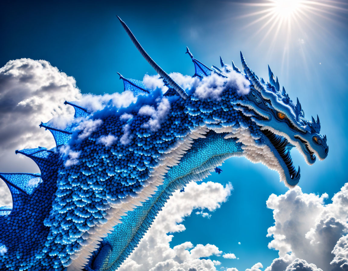 Blue dragon with elaborate horns soaring in bright sky