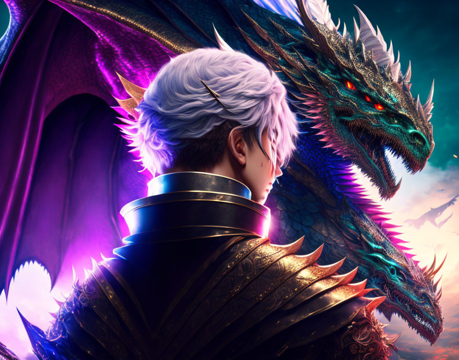 Person with white hair and black armor standing with blue dragon in digital artwork