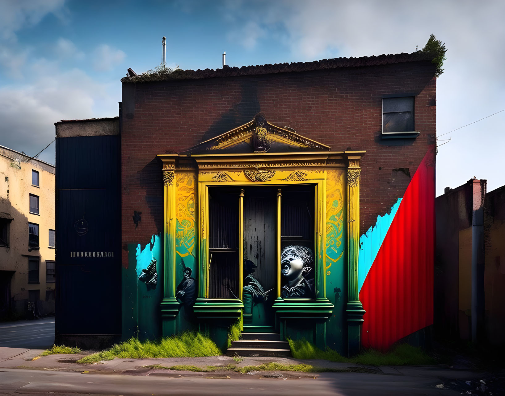 Colorful mural of classic doorway on building facade