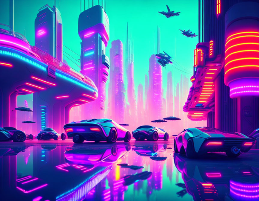 Futuristic cyberpunk cityscape with neon-lit skyscrapers