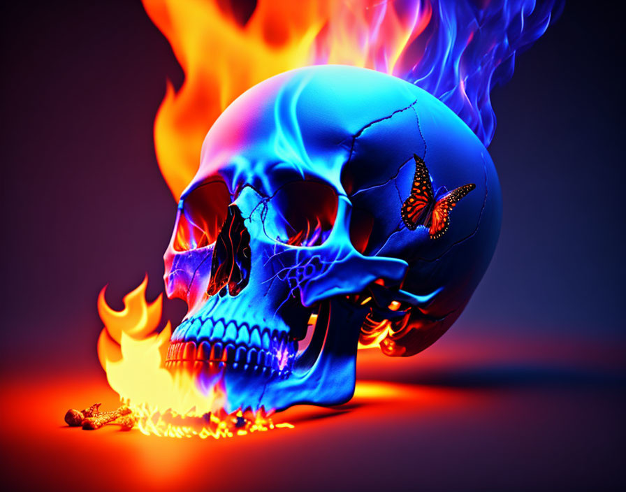 Skull with Half Flames, Half Blue Butterfly Designs on Dark Background