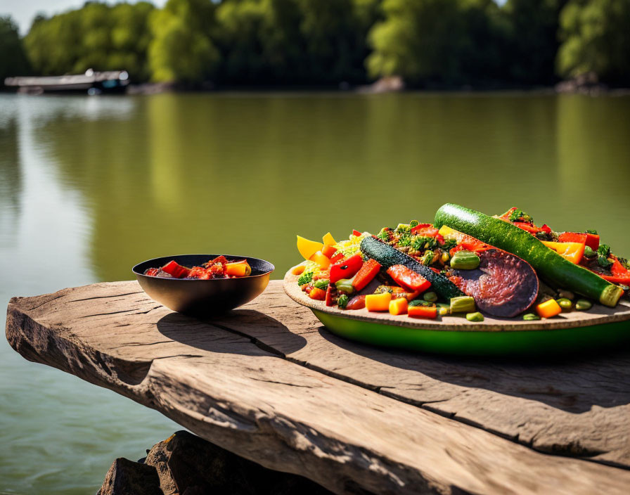 Vibrant grilled vegetables on wooden plank near serene lake