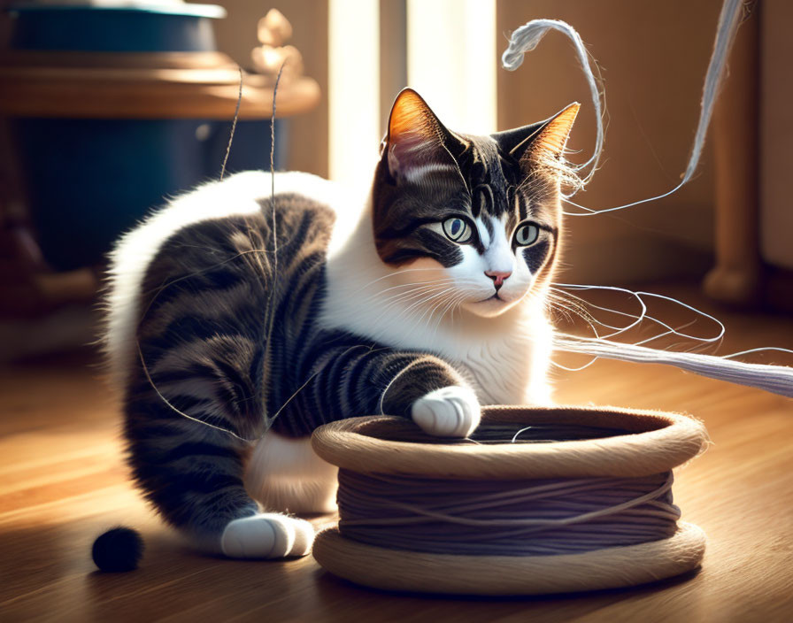 Strikingly marked cat plays with thread in sunlit room