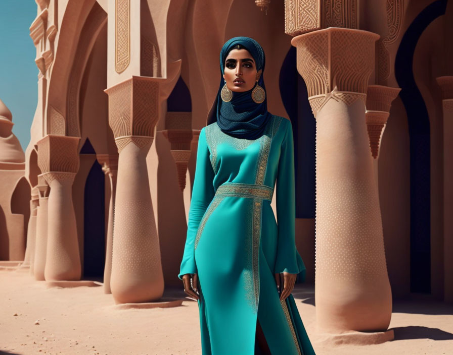 Woman in Turquoise Dress and Hijab Amidst Sandy Architecture and Blue Sky