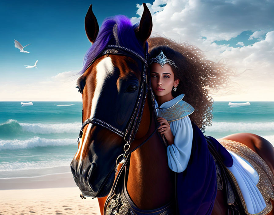 Woman in ornate attire on horse at seaside with seagulls and cloudy sky