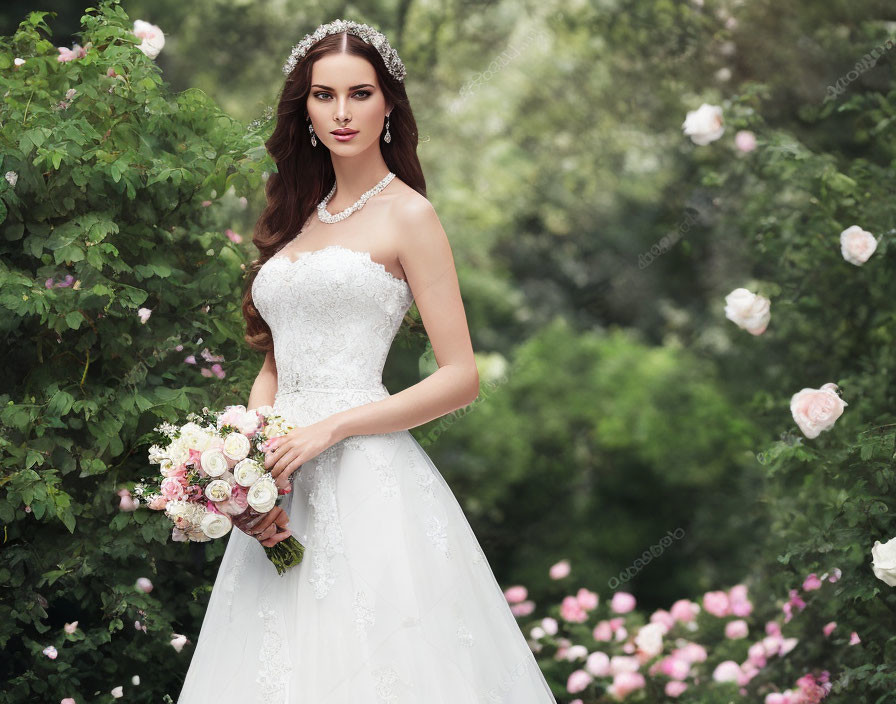 Bride in strapless white gown with bouquet amidst lush greenery