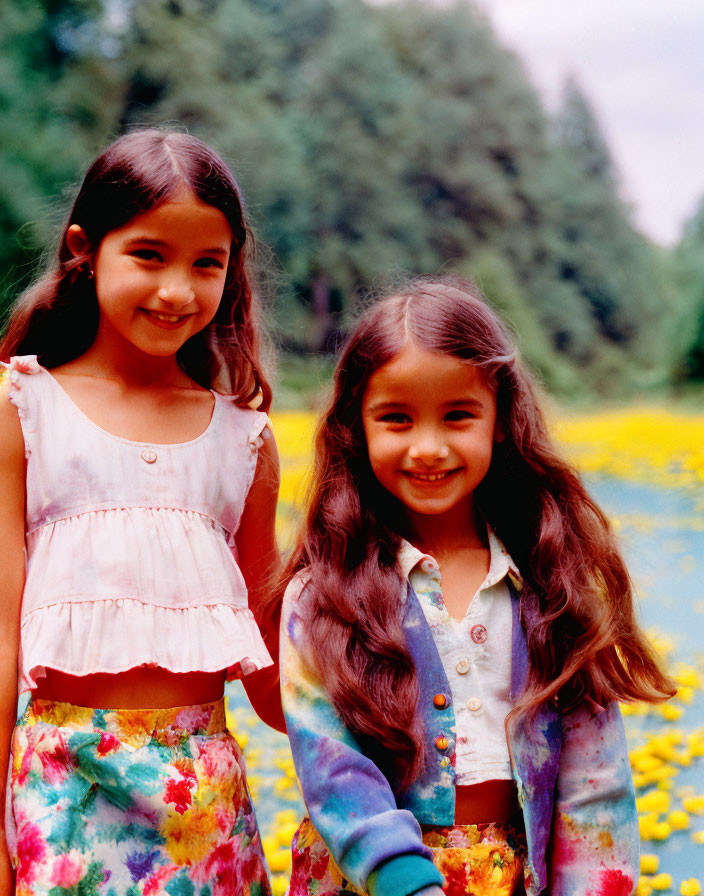 Two young girls with dark hair smiling in colorful flower field wearing different outfits.