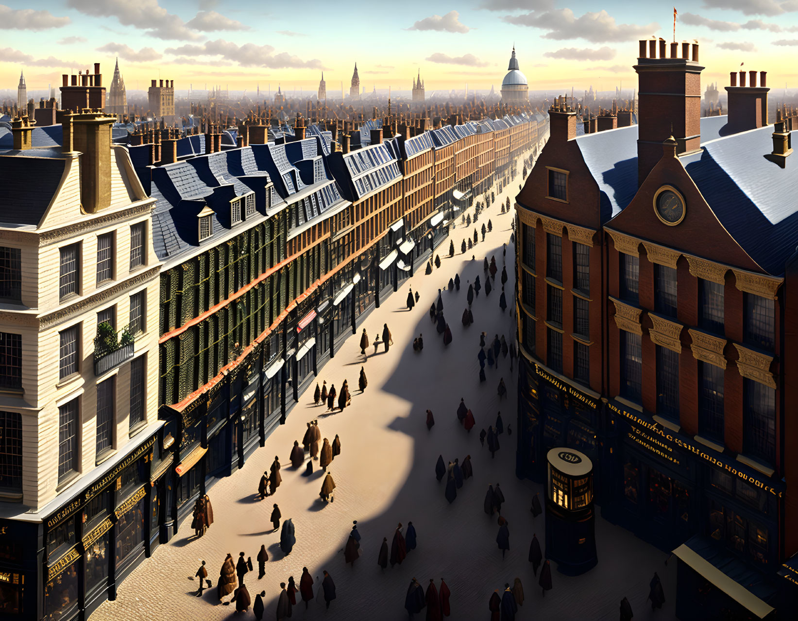 Victorian London street scene with people, carriages, and tram at sunset