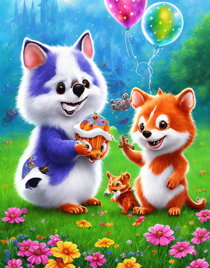 Colorful Cartoon Animals with Cake in Fantasy Castle Scene