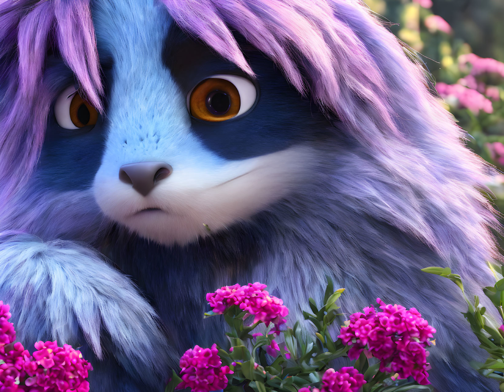 Colorful Animated Creature with Purple Fur and Orange Eyes Among Pink Flowers