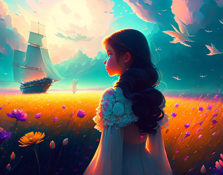 Girl in White Dress in Flower Field at Sunset with Sailing Ships and Birds