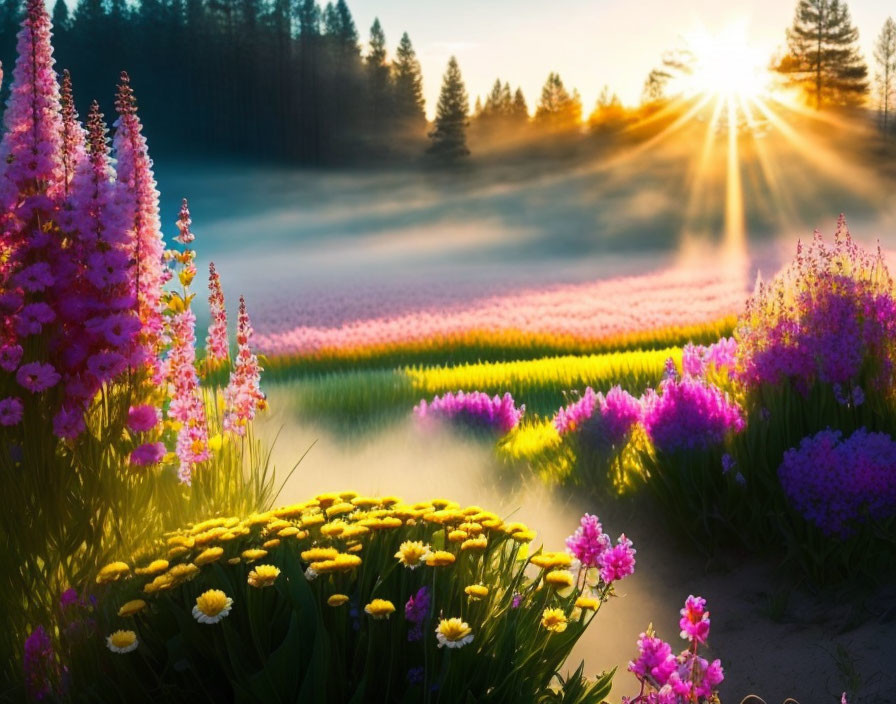 Sunlit Field of Flowers in Misty Forest Scene