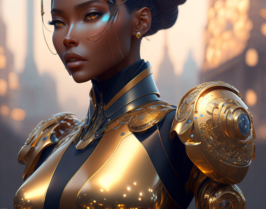 Golden-armored female warrior in futuristic setting