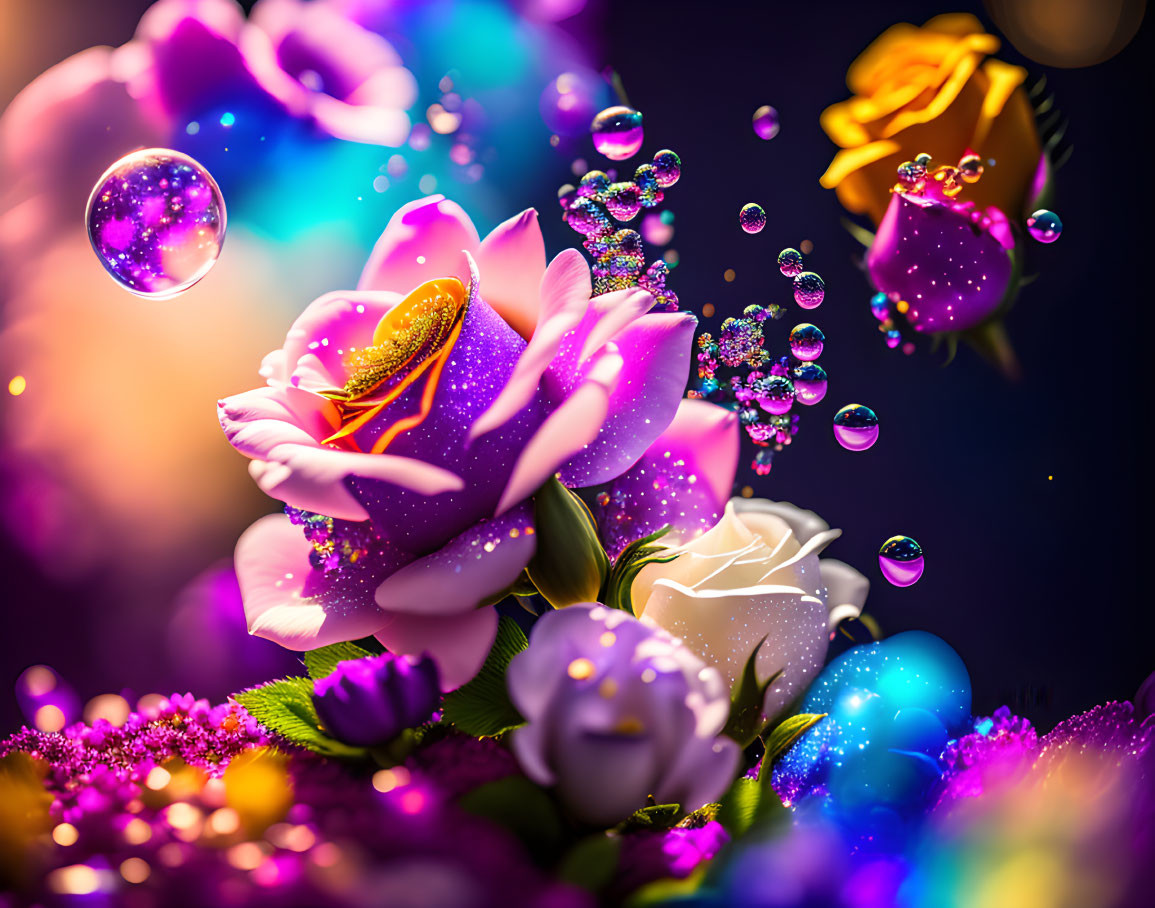 Colorful fantasy rose bouquet with floating bubbles and dewdrops on bokeh backdrop