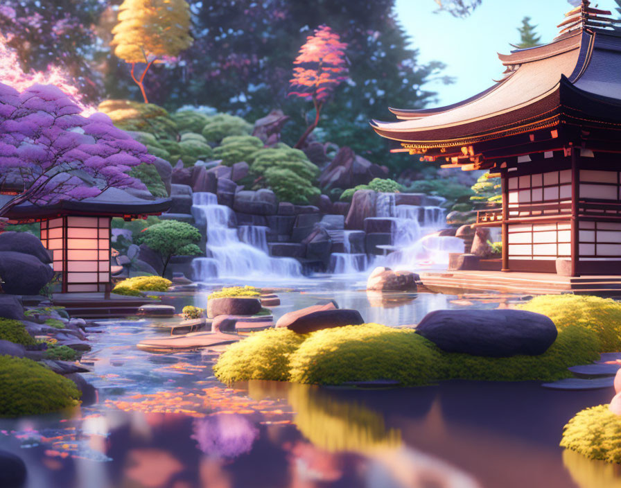 Japanese garden at dusk: lanterns, temple, purple trees, waterfalls, pond.