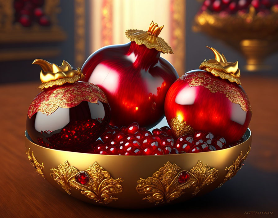 Red and Gold Pomegranate-Themed Decorations in Golden Bowl