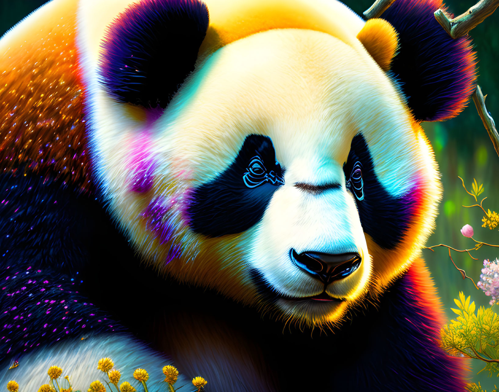 Vibrant Digital Art: Neon Panda Against Lush Floral Background