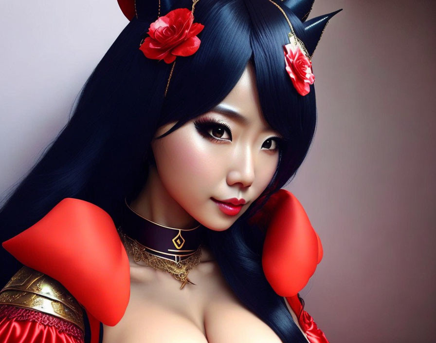 Person with Black Hair, Red Flower Styling, Horns, Red Shoulder Pieces, Choker,