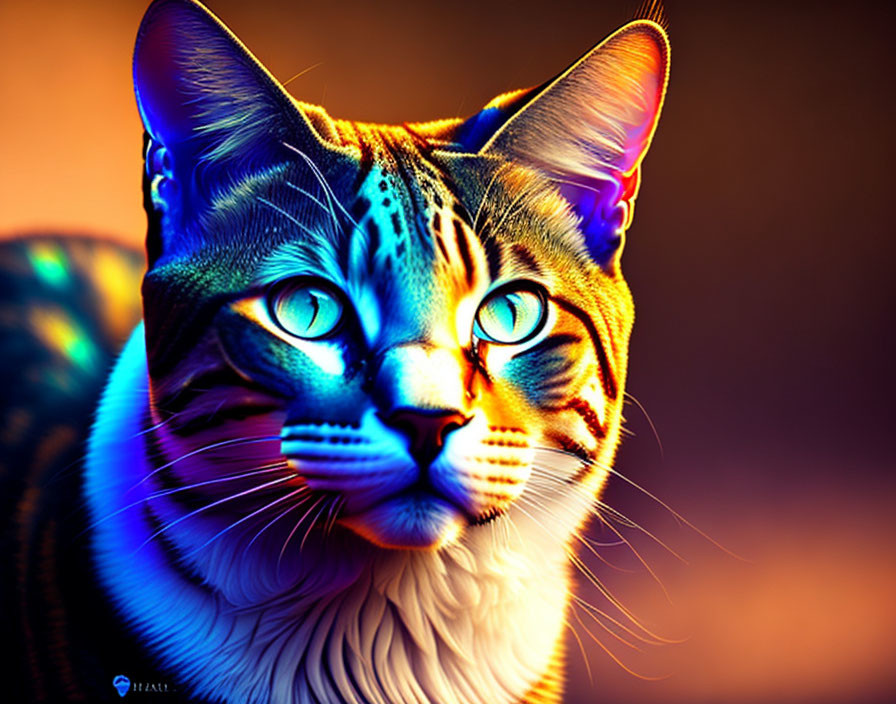 Colorful Digital Art: Cat with Blue Eyes and Orange-Blue Fur