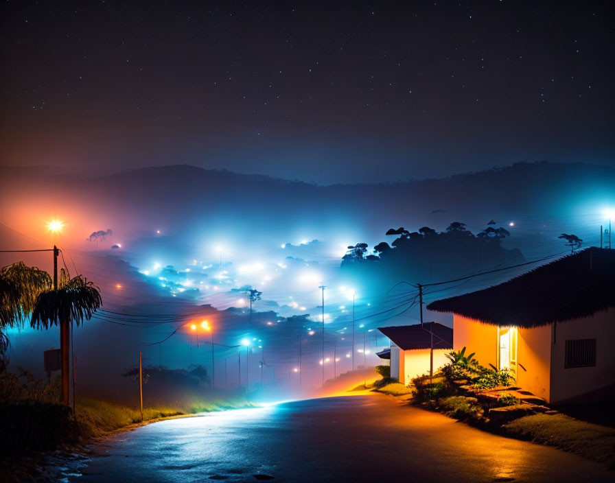 Foggy Night with Colorful Street Lights and Solitary House