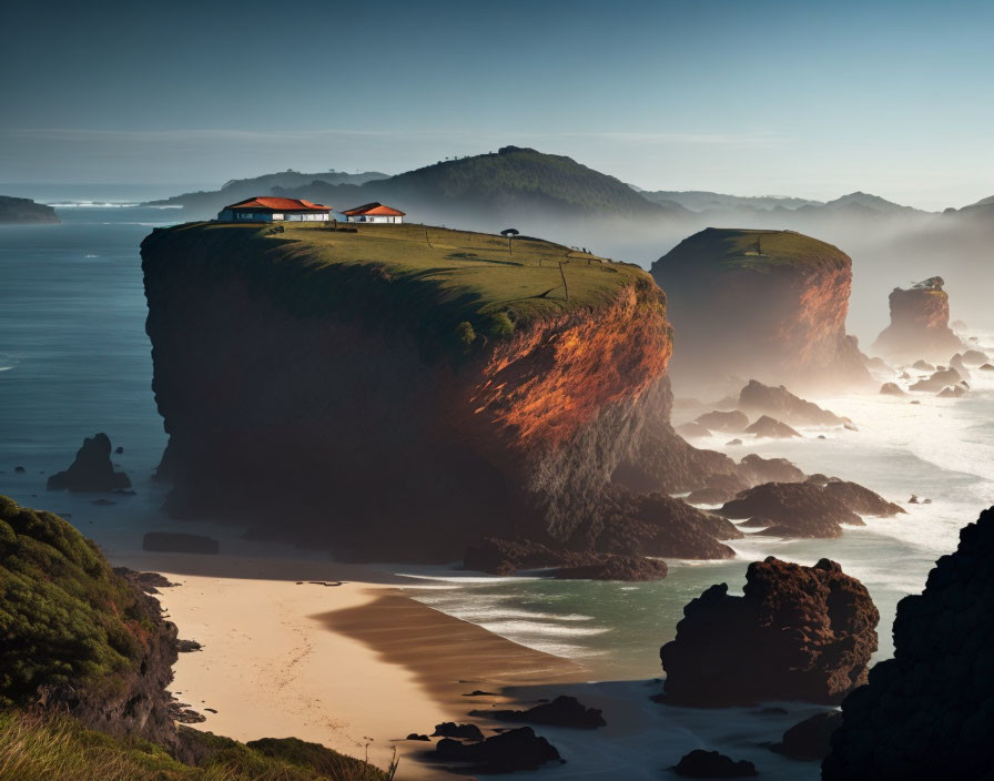 Cliff-top house overlooking beach and rocks in serene coastal landscape