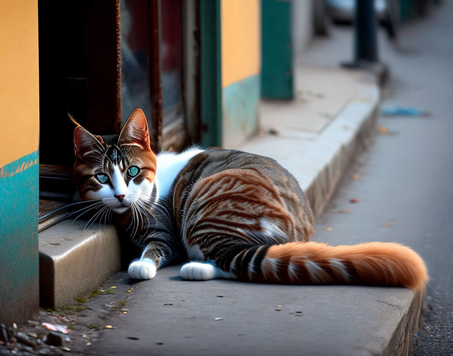 Tabby cat with green eyes resting near building on pavement