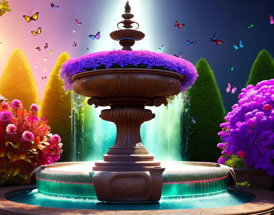 Majestic fountain in vibrant garden scene with lush bushes and fluttering butterflies