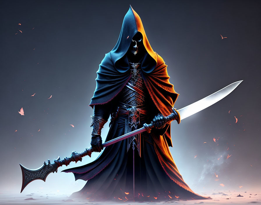 Hooded skeletal figure with scythe in fiery backdrop