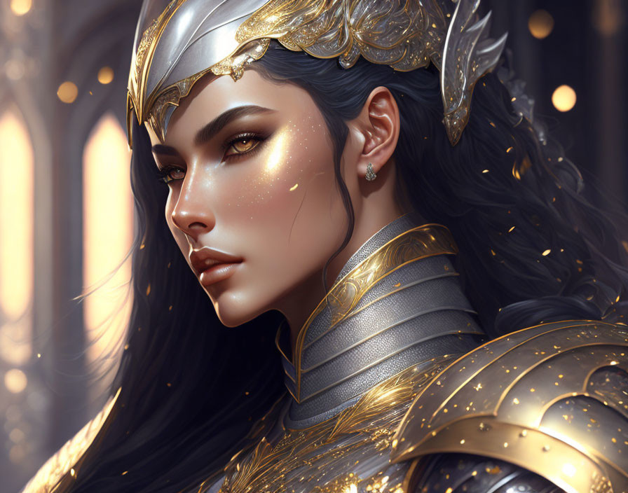 Digital artwork: Woman with black hair in gold armor under warm light