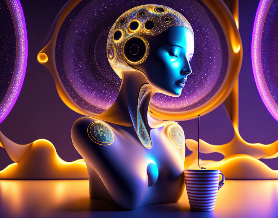 Futuristic robotic woman with intricate headgear and shoulder designs beside a swirling, luminescent backdrop