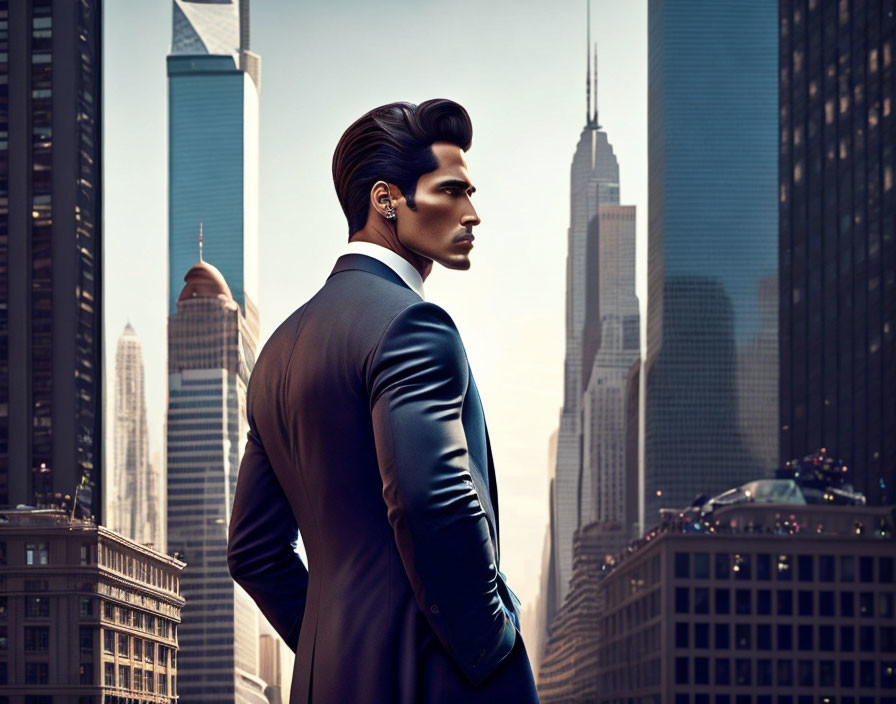 Digital illustration of a man in a suit with sleek hairstyle in cityscape.