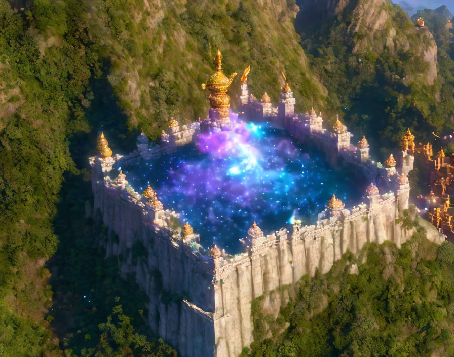 Mystical fortress on cliff with nebula anomaly & golden towers