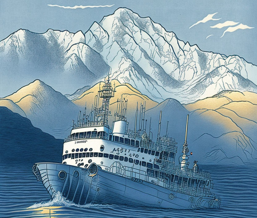 Large ship sailing icy mountainous waters with snow-capped peaks under blue sky