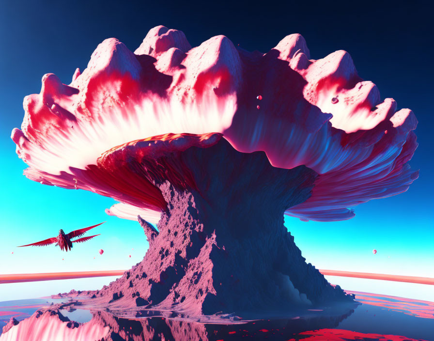 Colorful surreal landscape: massive mushroom cloud explosion, reflective liquid, flying creature.