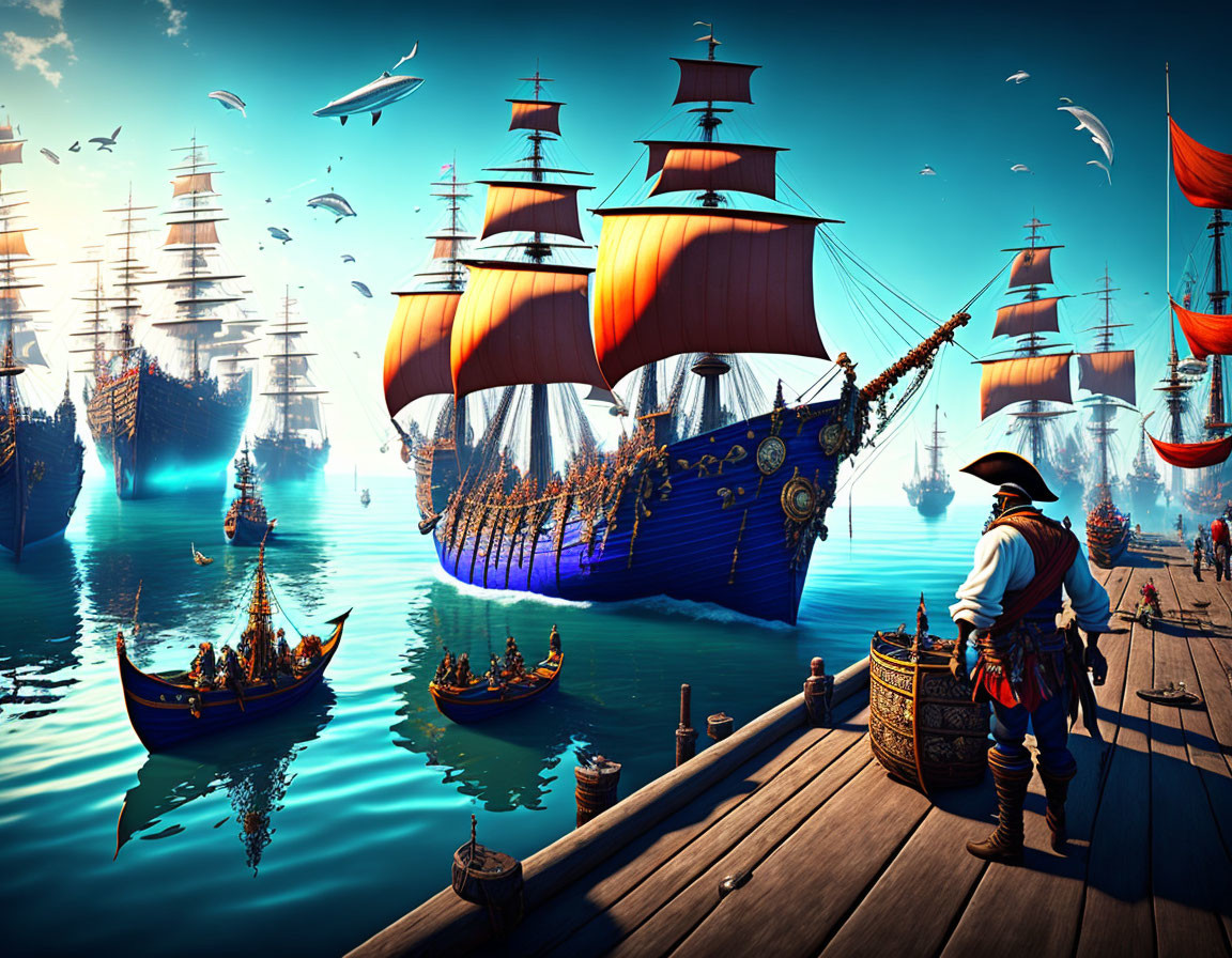 Ancient harbor scene with sailing ships, boats, seagulls, and pirate.