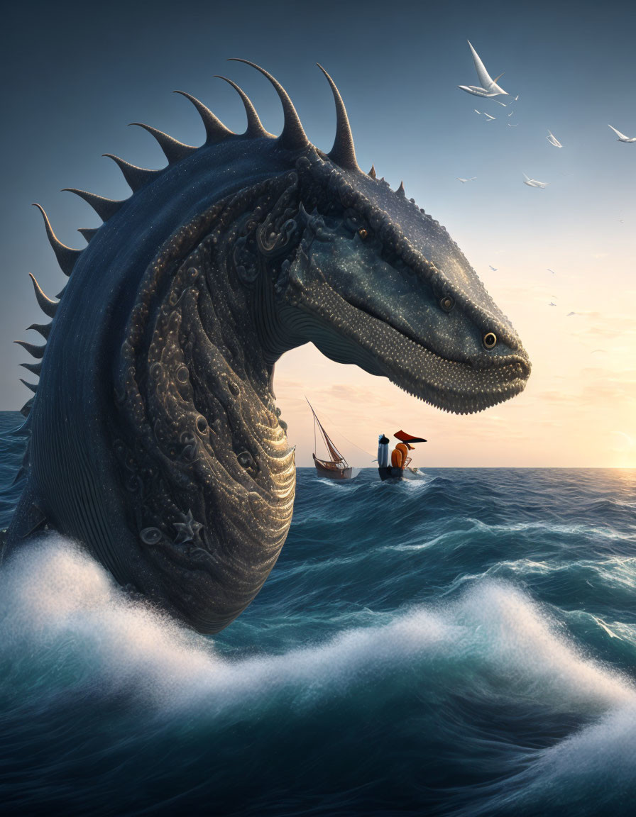 Gigantic sea dragon near small boat with two people under dusk sky.