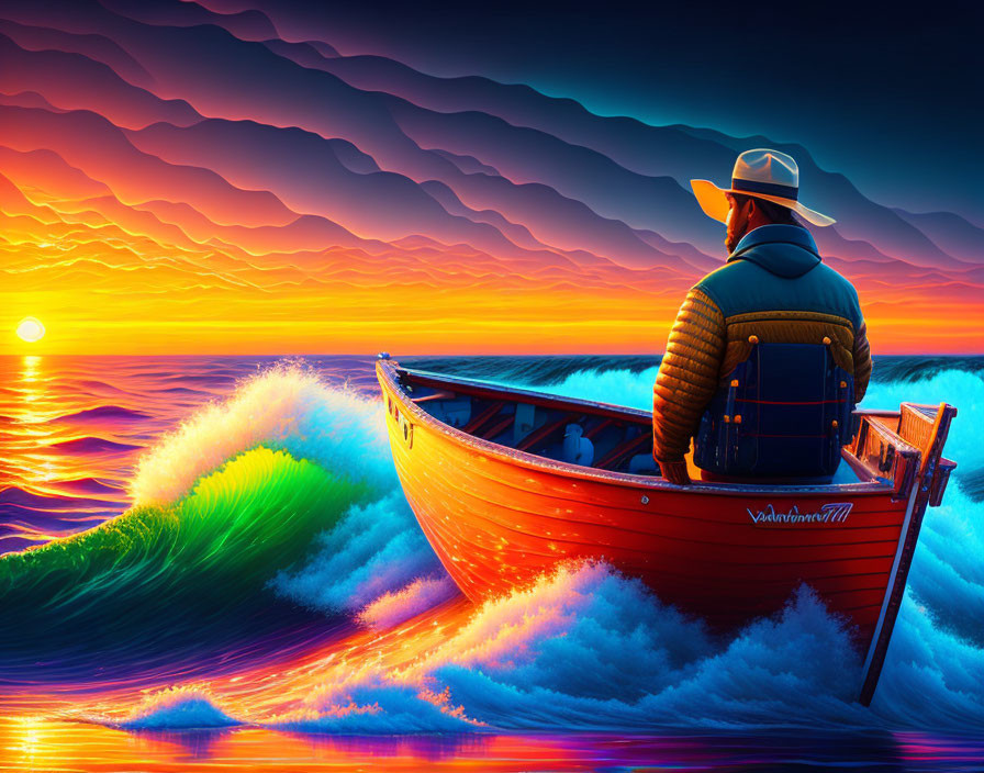 Person in boat admiring sunset over orange sky and blue waves