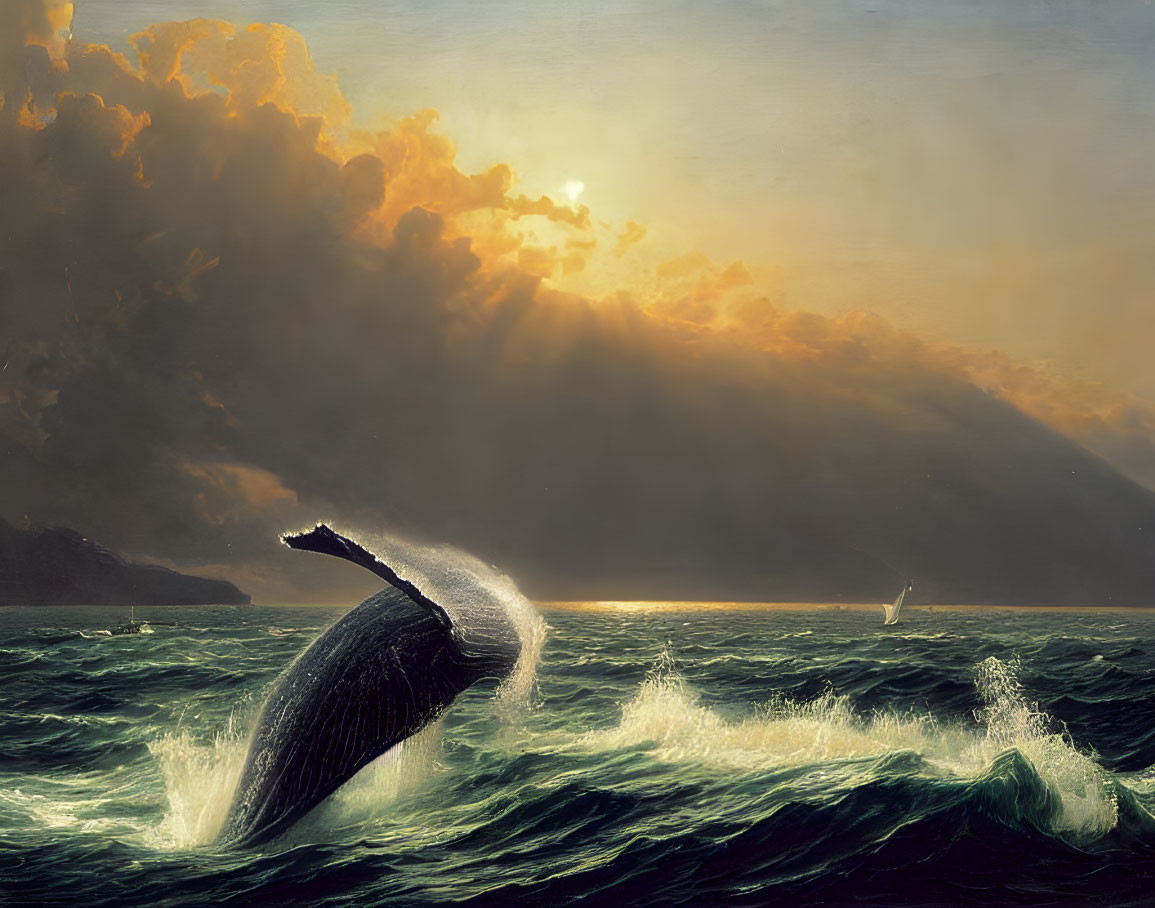 Whale breaching in dramatic ocean scene with sunlight and moody clouds