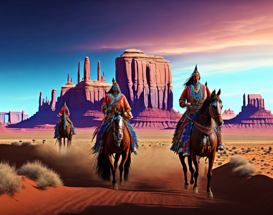 Colorful Attired Riders on Horses in Desert Landscape