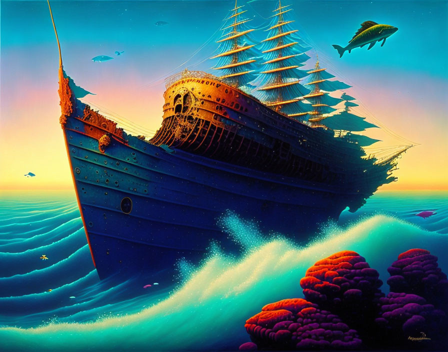 Surreal underwater ship painting with fish, coral, and sunset sky