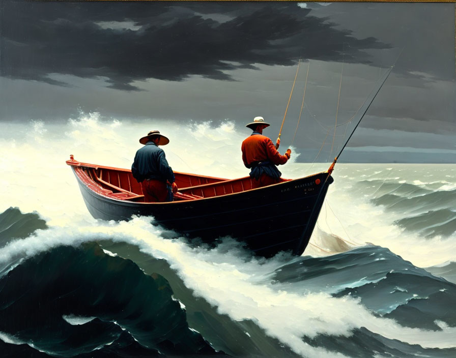 Two individuals fishing in red boat amid stormy ocean waves.